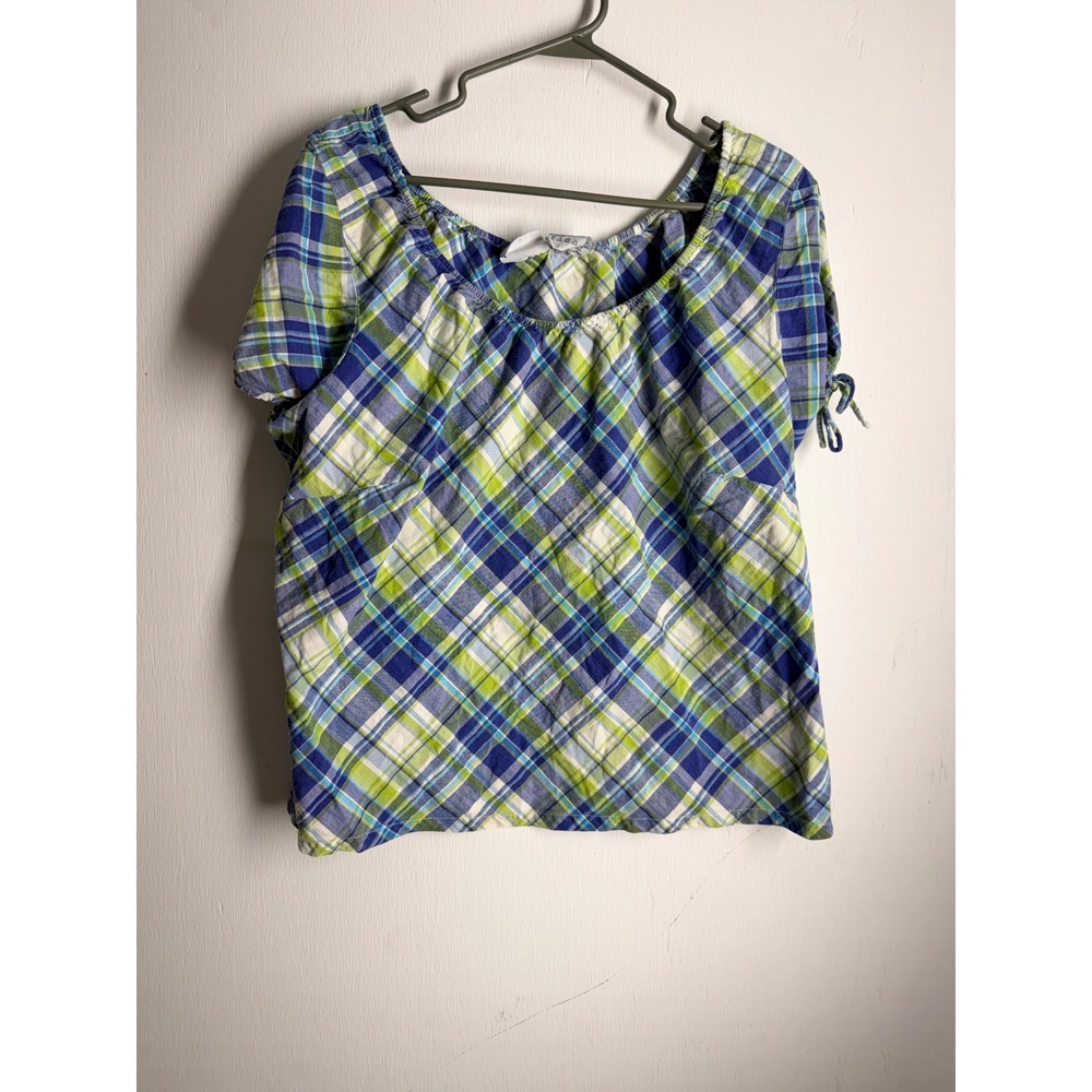 Carolina Blues Plaid Peasant Top Women 16W Blue Green Cotton Short Sleeve Blouse